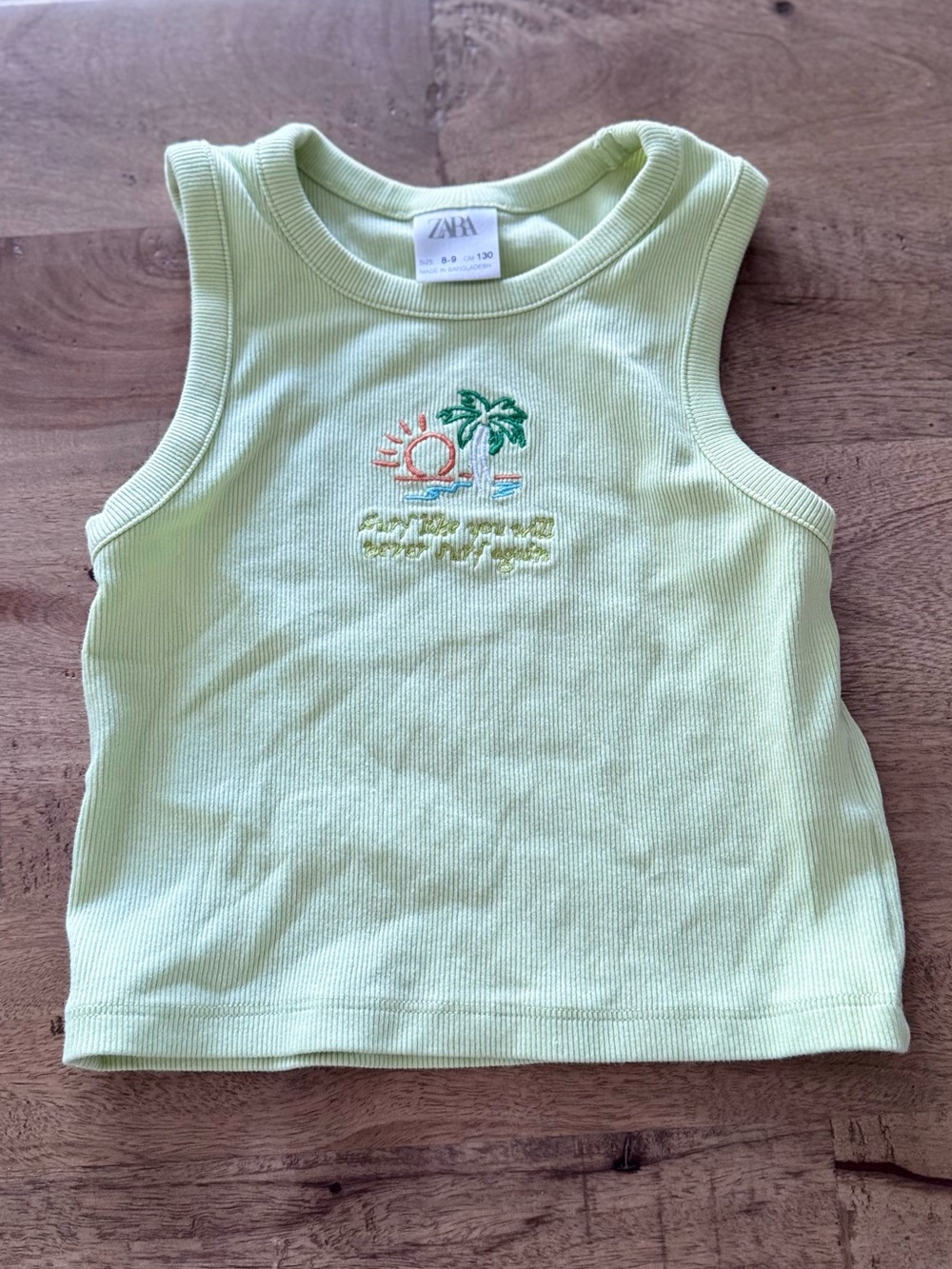 Zara Kids Light Green Ribbed Tank Top with Tropical Embroidery sz 8-9 years